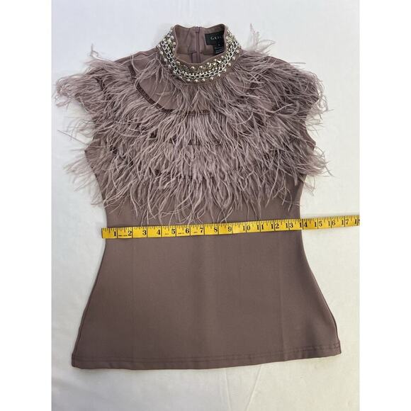 Gracia Taupe Stretch Short Sleeve Blouse with Ostrich Feather Trim Women’s S - Picture 7 of 12